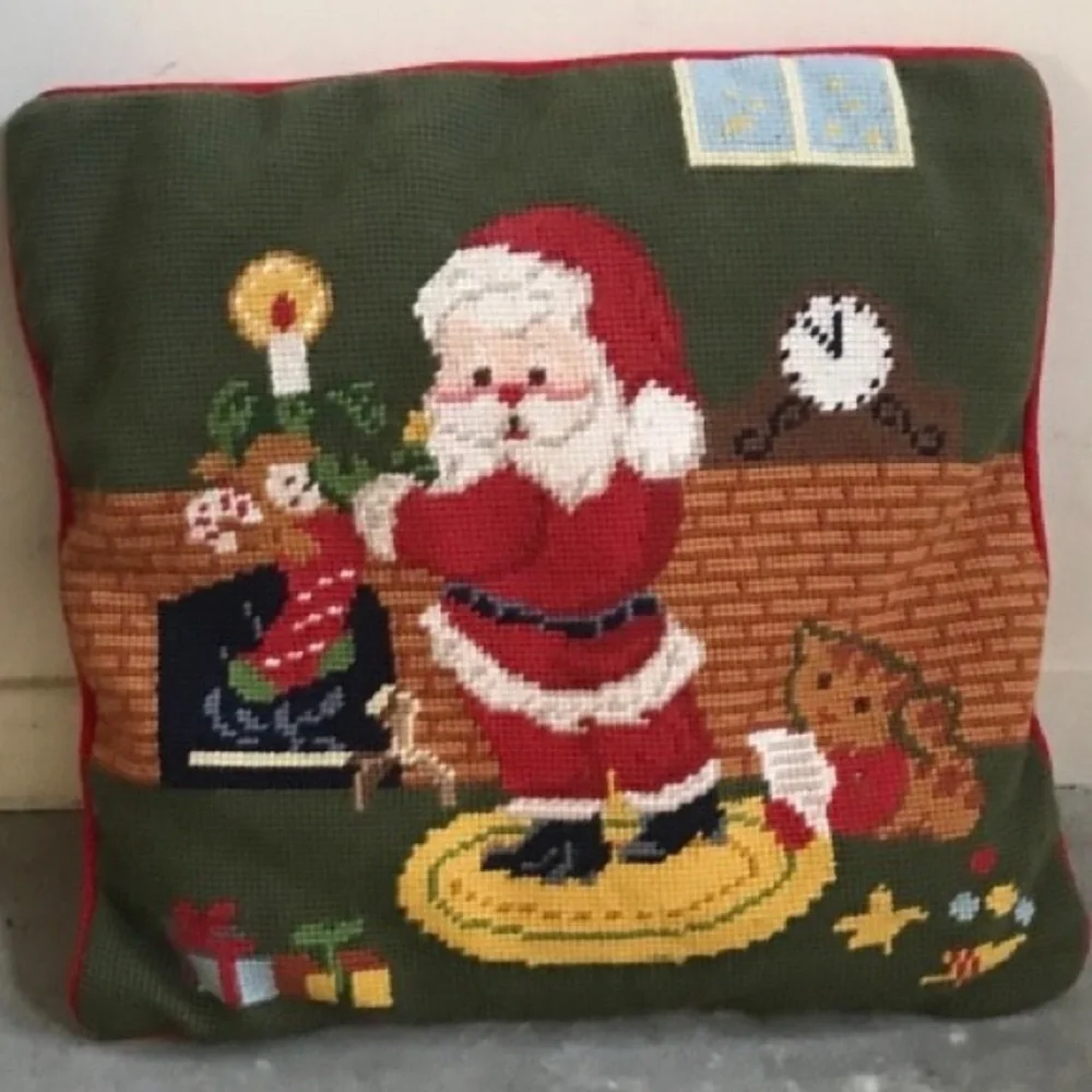 Vintage Needlepoint Santa Christmas Throw Pillow 12x12 Plush Back Cottagecore